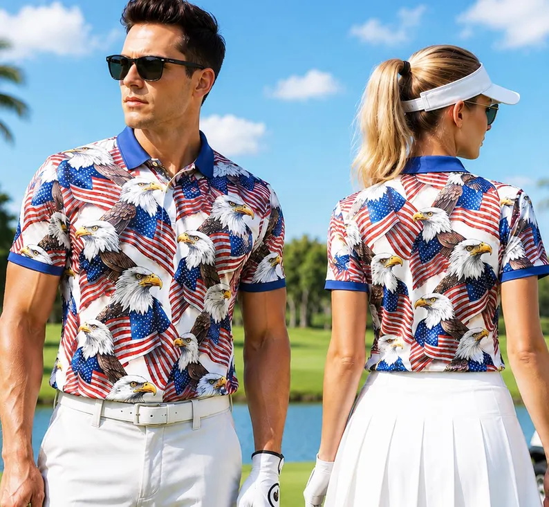 Mens Patriotic Golf Polo Shirt - 3D Printing Eagle ulasan dan harga