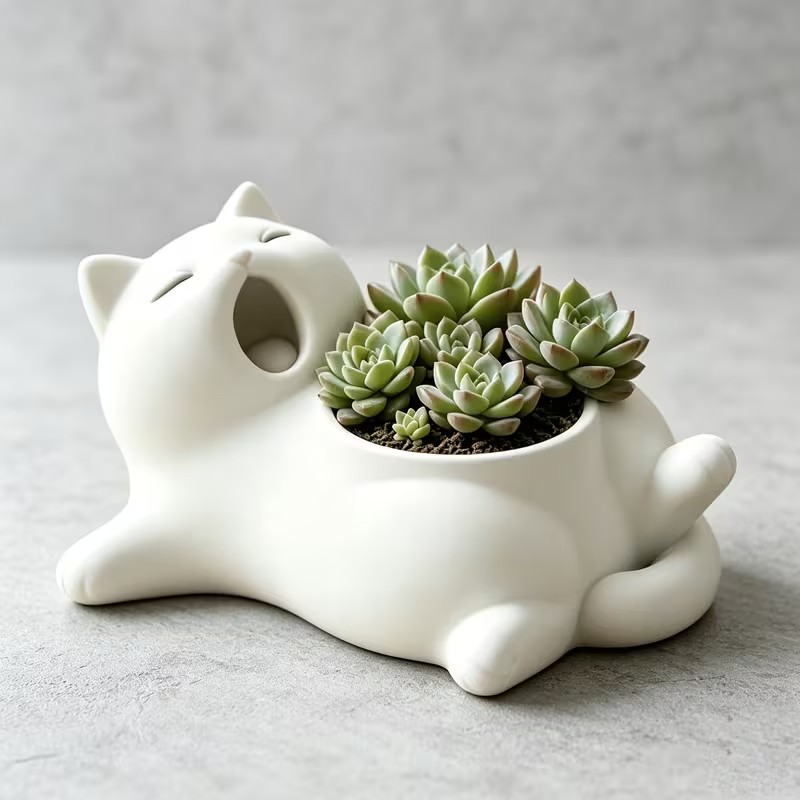 Cute White Cat Yawning Flower  - 3D Printing Pot ulasan dan harga